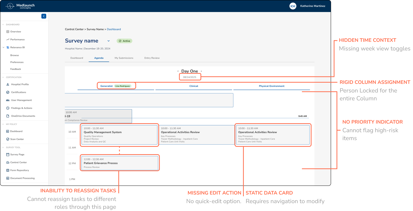 Agenda Management interface showing multiple usability issues