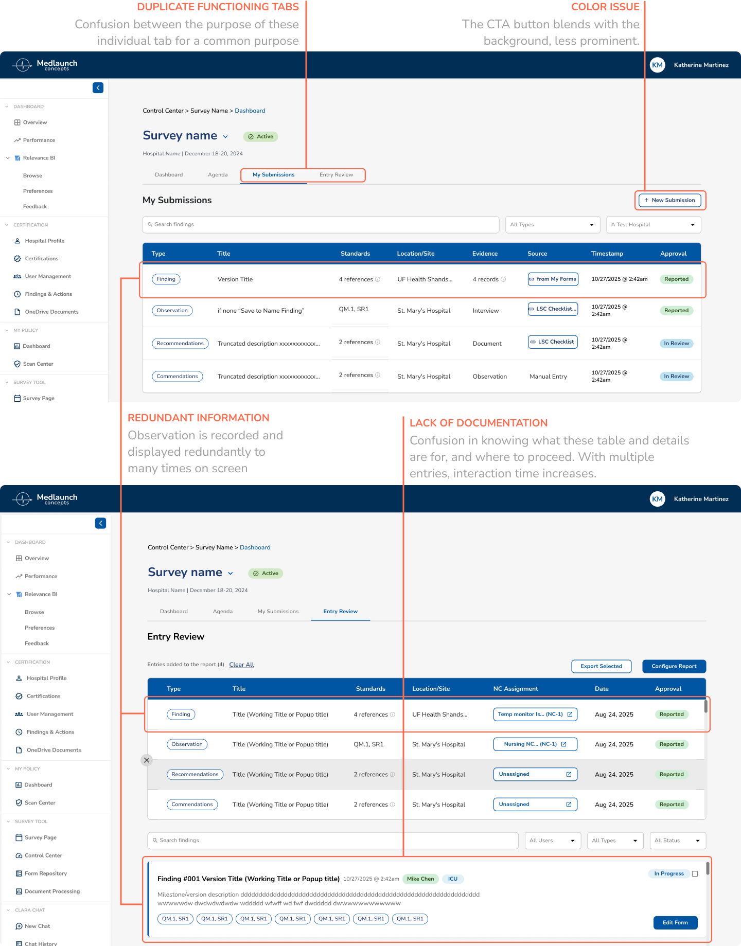 My Submissions and Entry Review interface showing duplicate functionality and usability issues