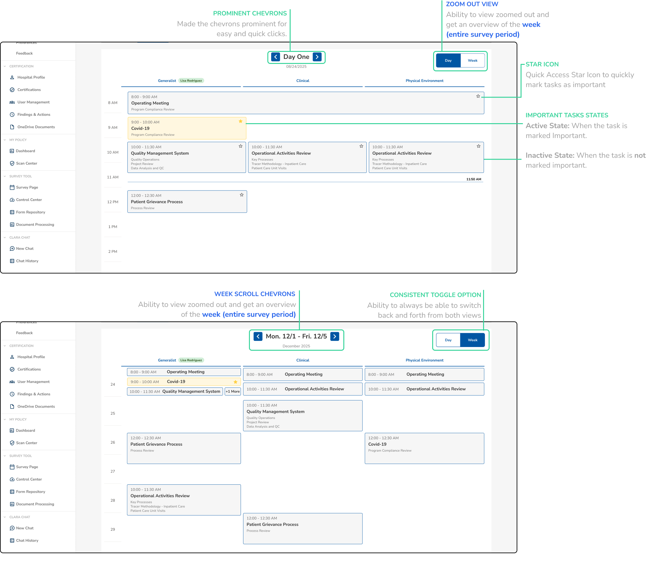 Multi-view navigation with Day/Week toggle and priority star indicators