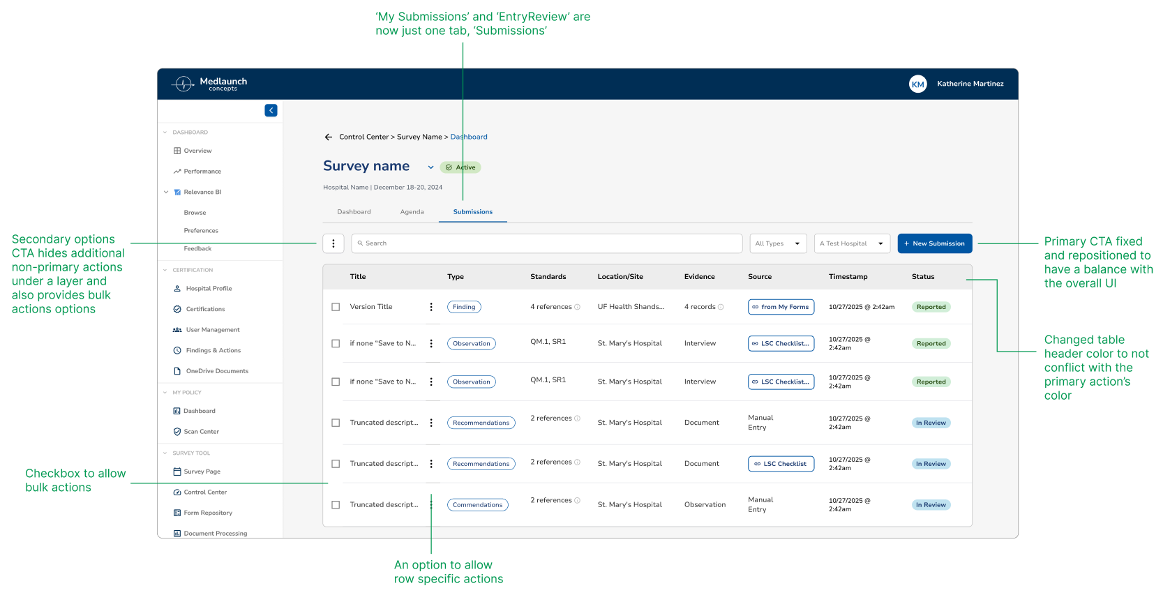 Redesigned Submissions page with consolidated tabs and improved UI